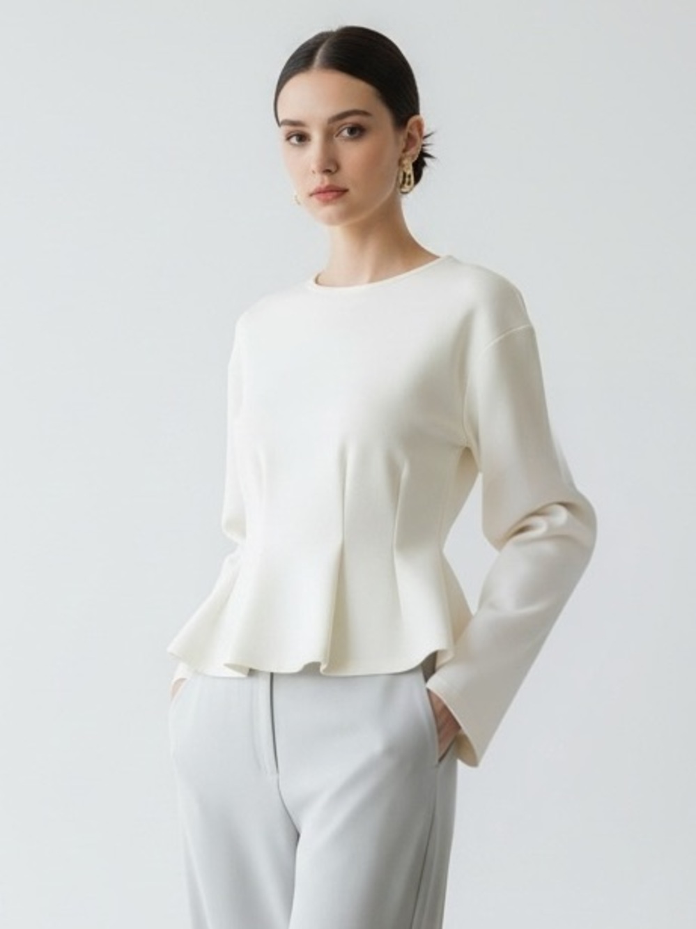 1582 • Cream Darted Cotton Blend Scuba Long Sleeve Contoured Peplum Top